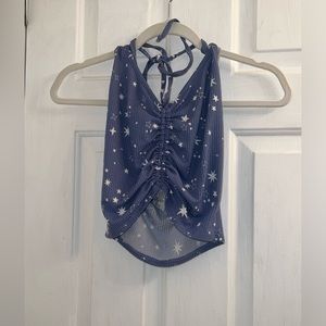 Size small blue white star sky scrunch front halter tie cropped crop tank top